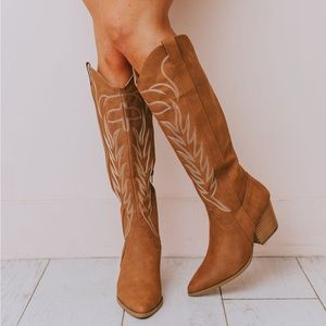Chestnut Vegan Leather Embroidered Tall Cowgirl Western Cowboy Boots